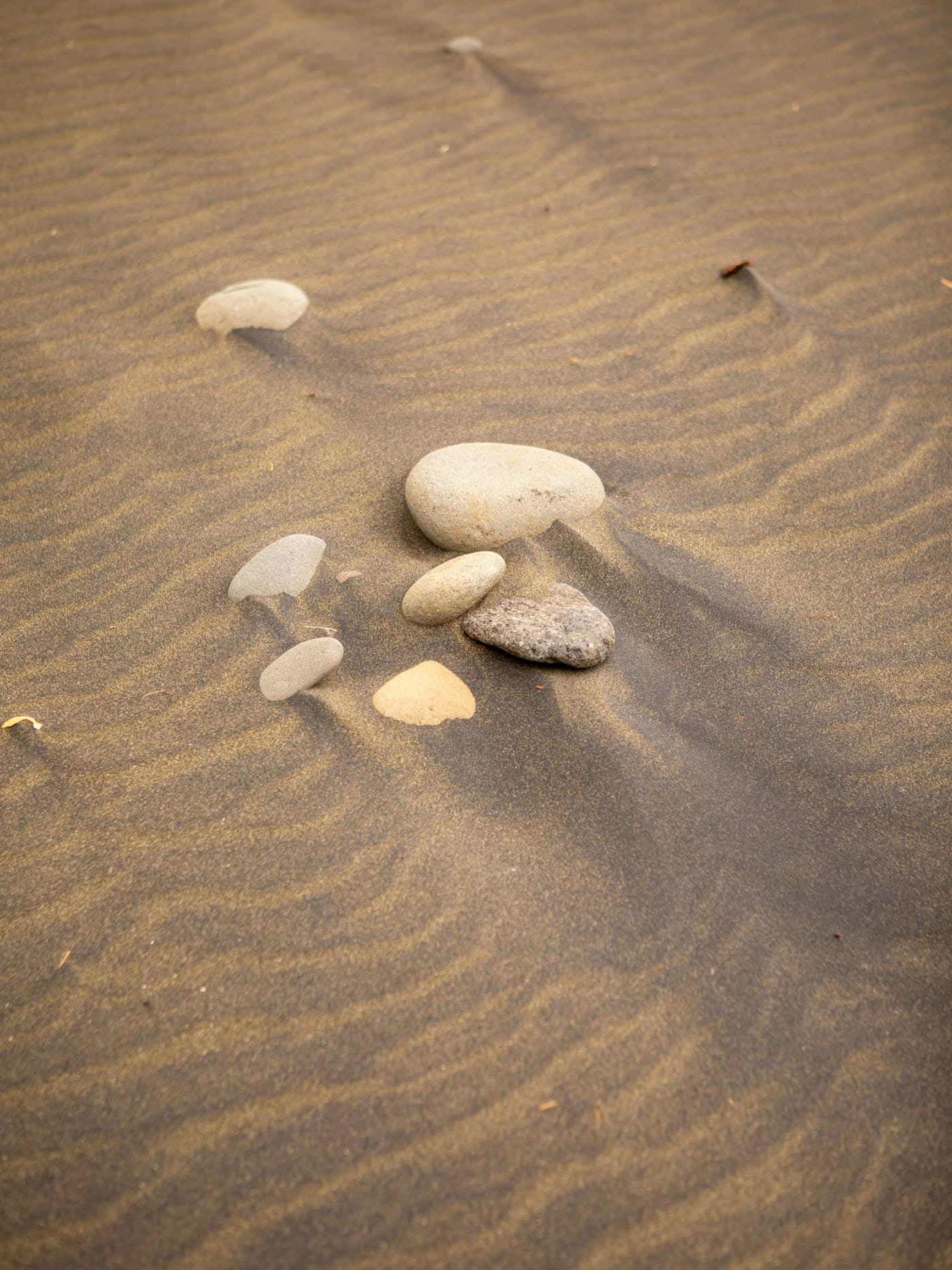 Smooth stones resting on rippled sand